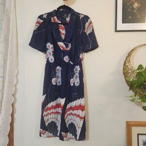 Vintage 80s San Laurance Navy Blue Fan & Floral Short Sleeve Sheer Shell Dress